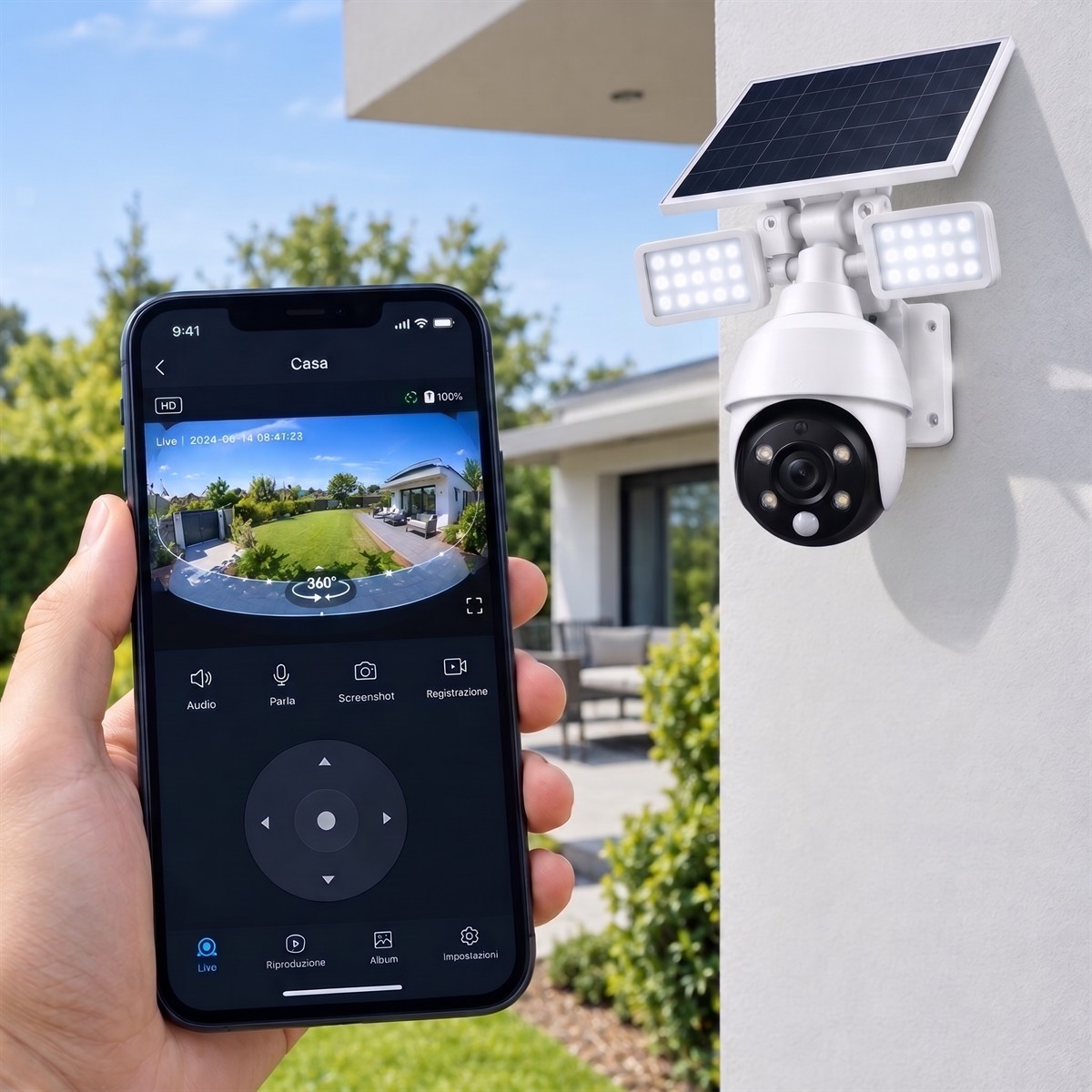 The phone app shows the 360° view of the camera, with sound, talk, screenshot and recording