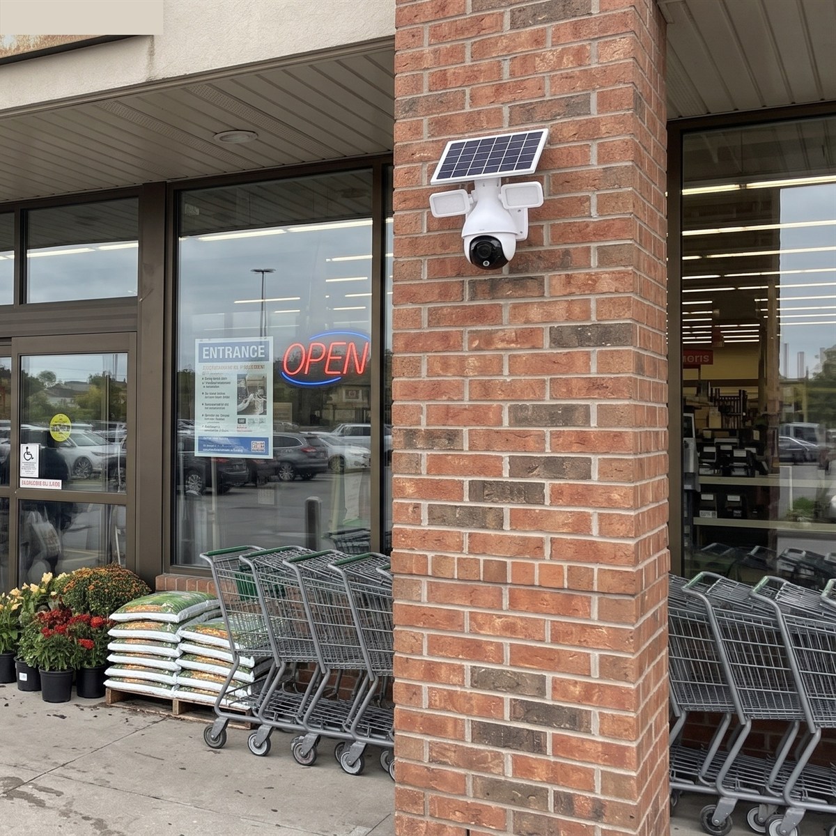 The camera with solar panel and floodlights mounted on the pillar next to a shop entrance