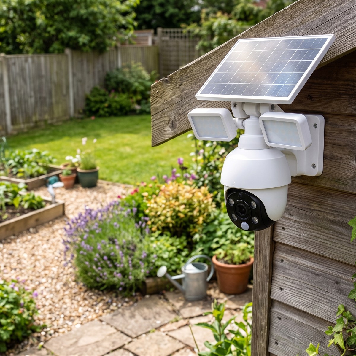 The camera with solar panel and floodlights mounted on the garden shed wall