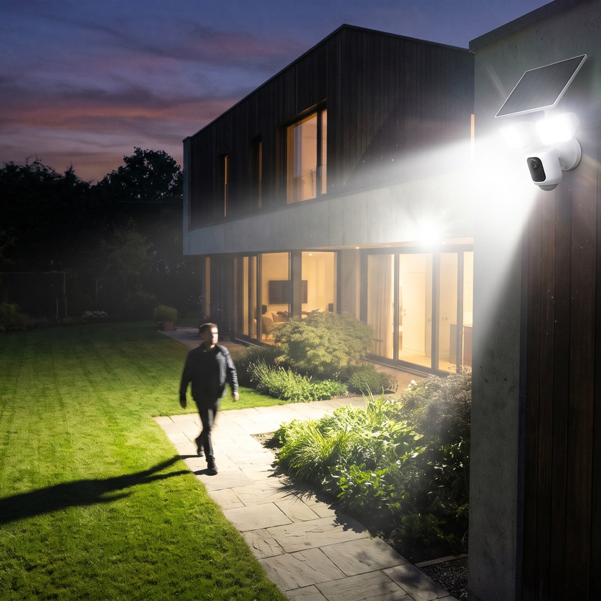 At sunset the floodlights switch on when a person crosses the garden