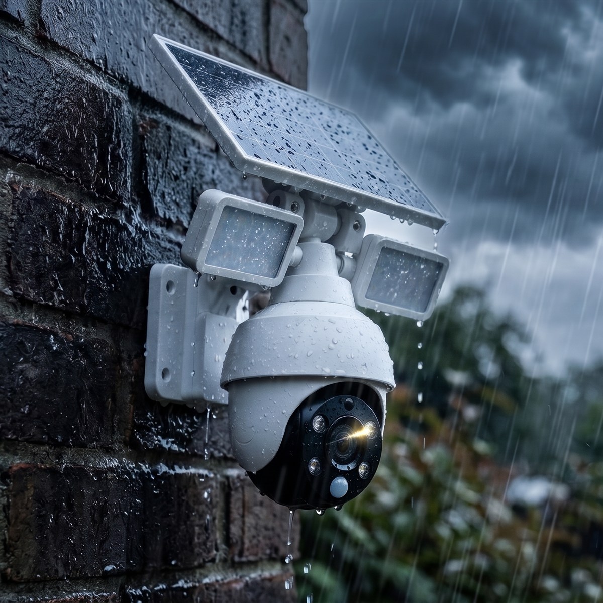 The camera with solar panel and floodlights stays on in heavy rain
